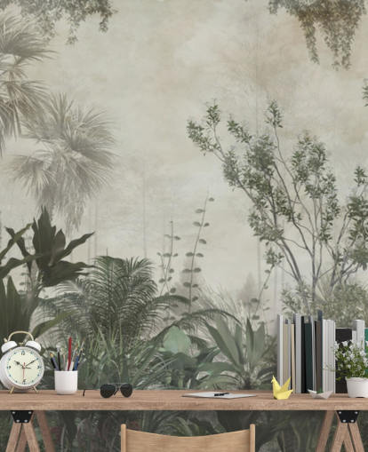 Dark green tropical palm trees in a jungle with a light beige sky wallpaper