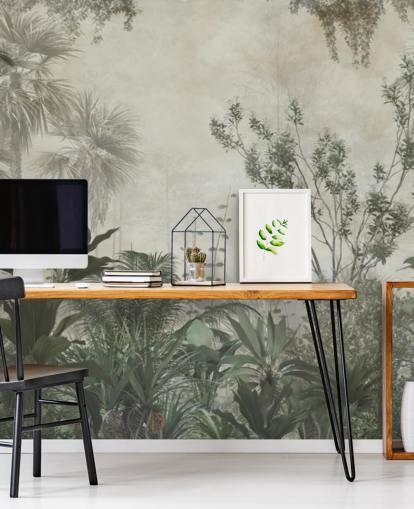 Dark green tropical palm trees in a jungle with a light beige sky wallpaper