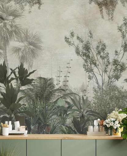 Donkergroene tropische palmbomen in een jungle met een lichtbeige hemelbehang Donkergroene tropische palmbomen in een jungle met een lichtbeige hemelbehang