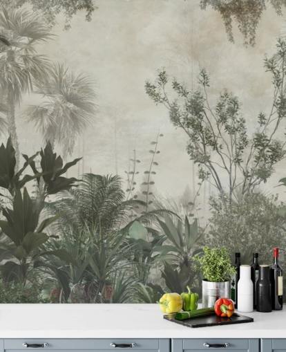 Dark green tropical palm trees in a jungle with a light beige sky wallpaper