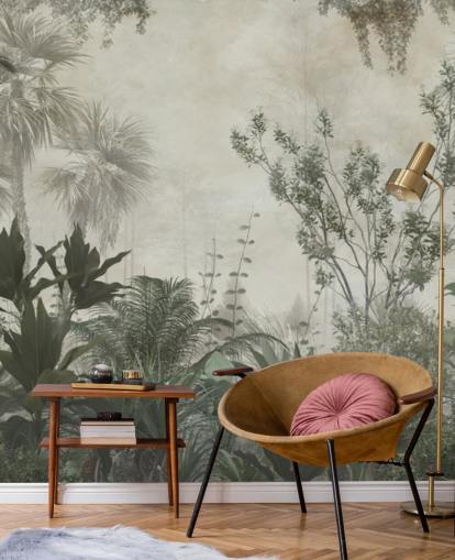 Donkergroene tropische palmbomen in een jungle met een lichtbeige hemelbehang Donkergroene tropische palmbomen in een jungle met een lichtbeige hemelbehang