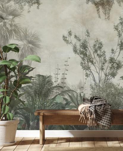 Donkergroene tropische palmbomen in een jungle met een lichtbeige hemelbehang