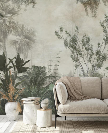 Dark green tropical palm trees in a jungle with a light beige sky wallpaper