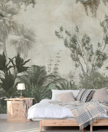 Donkergroene tropische palmbomen in een jungle met een lichtbeige hemelbehang