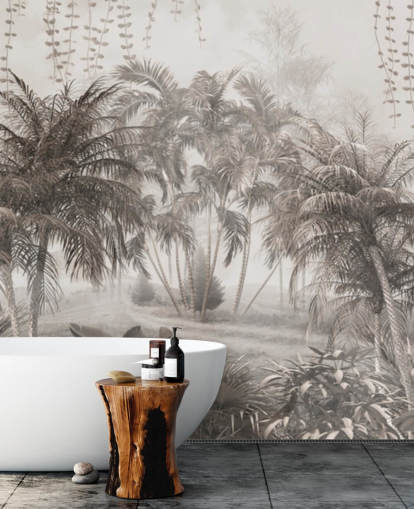Gedempt, sepia-junglelandschap met tropische palmbomen en struikenbehang Gedempt, sepia-junglelandschap met tropische palmbomen en struikenbehang