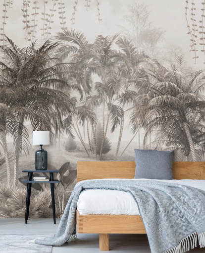 Gedempt, sepia-junglelandschap met tropische palmbomen en struikenbehang