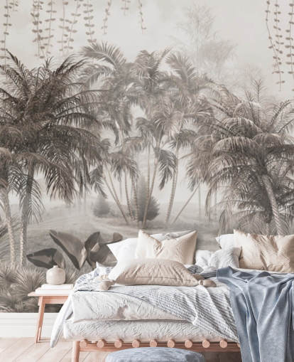 Papel pintado de paisaje selvático sepia con palmeras y arbustos tropicales