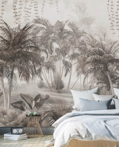 Dæmpet, sepia jungle landskab med tropiske palmer og buske tapet Dæmpet, sepia jungle landskab med tropiske palmer og buske tapet