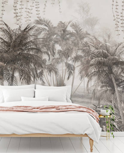 Papel pintado de paisaje selvático sepia con palmeras y arbustos tropicales