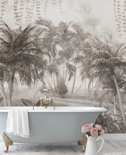 Muted, sepia jungle landscape with tropical palm trees and bushes wallpaper