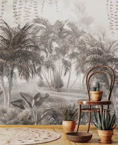 Gedempt, sepia-junglelandschap met tropische palmbomen en struikenbehang Gedempt, sepia-junglelandschap met tropische palmbomen en struikenbehang