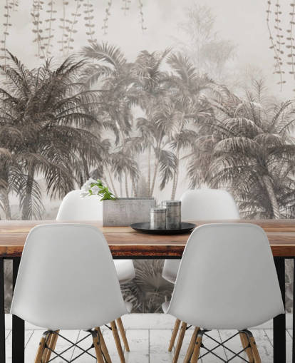 Muted, sepia jungle landscape with tropical palm trees and bushes wallpaper