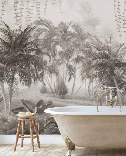 Muted, sepia jungle landscape with tropical palm trees and bushes wallpaper