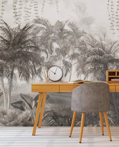 Papel pintado de paisaje selvático sepia con palmeras y arbustos tropicales