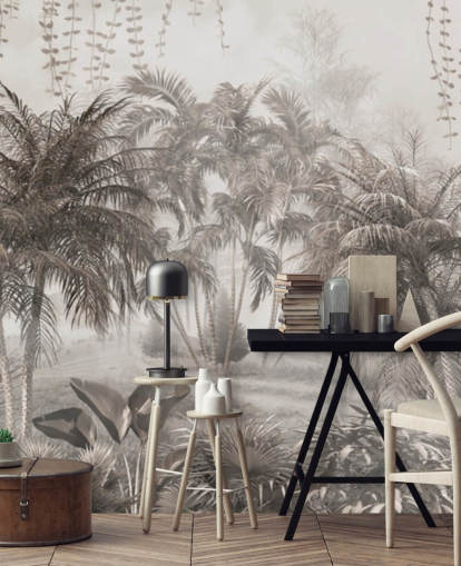 Papel pintado de paisaje selvático sepia con palmeras y arbustos tropicales Papel pintado de paisaje selvático sepia con palmeras y arbustos tropicales