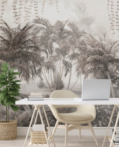 Papier peint feutré, paysage de jungle sépia avec palmiers et buissons tropicaux