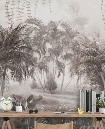 Muted, sepia jungle landscape with tropical palm trees and bushes wallpaper
