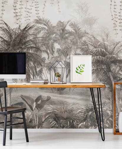 Muted, sepia jungle landscape with tropical palm trees and bushes wallpaper Muted, sepia jungle landscape with tropical palm trees and bushes wallpaper