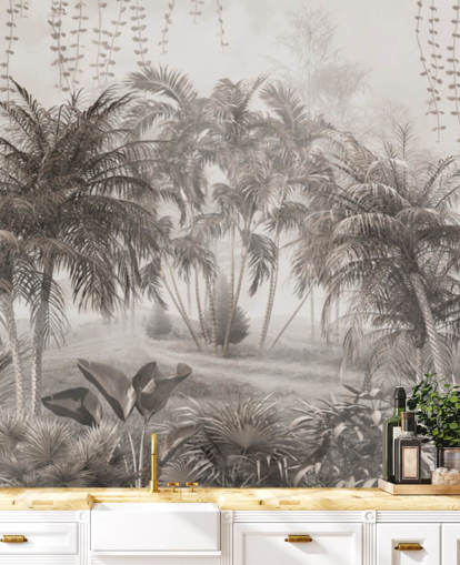 Muted, sepia jungle landscape with tropical palm trees and bushes wallpaper