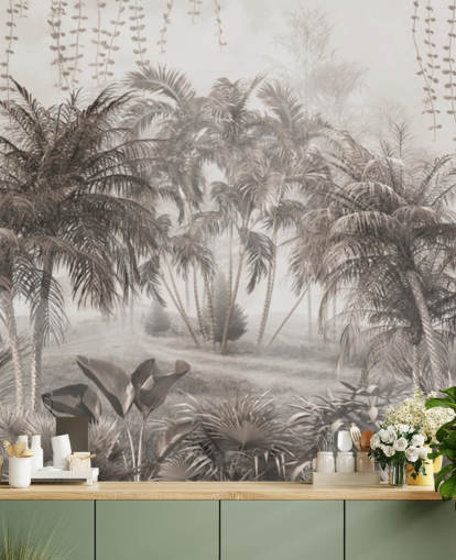 Paisagem silenciosa de selva sépia com papel de parede de palmeiras e arbustos tropicais Paisagem silenciosa de selva sépia com papel de parede de palmeiras e arbustos tropicais