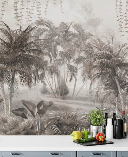 Dämpad, sepia djungellandskap med tropiska palmer och buskar tapeter