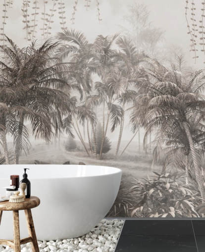 Muted, sepia jungle landscape with tropical palm trees and bushes wallpaper