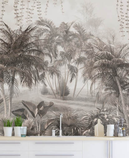 Muted, sepia jungle landscape with tropical palm trees and bushes wallpaper Muted, sepia jungle landscape with tropical palm trees and bushes wallpaper