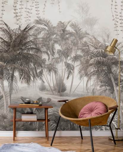 Papier peint feutré, paysage de jungle sépia avec palmiers et buissons tropicaux