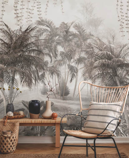 Silenzioso paesaggio della giungla color seppia con palme tropicali e cespugli, carta da parati Silenzioso paesaggio della giungla color seppia con palme tropicali e cespugli, carta da parati