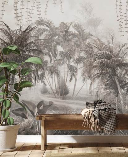 Papier peint feutré, paysage de jungle sépia avec palmiers et buissons tropicaux