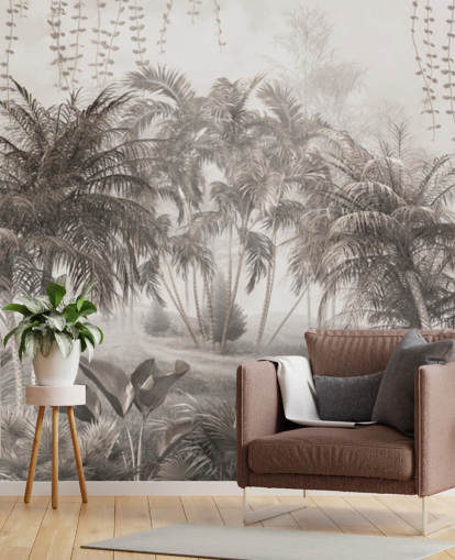 Gedempt, sepia-junglelandschap met tropische palmbomen en struikenbehang Gedempt, sepia-junglelandschap met tropische palmbomen en struikenbehang