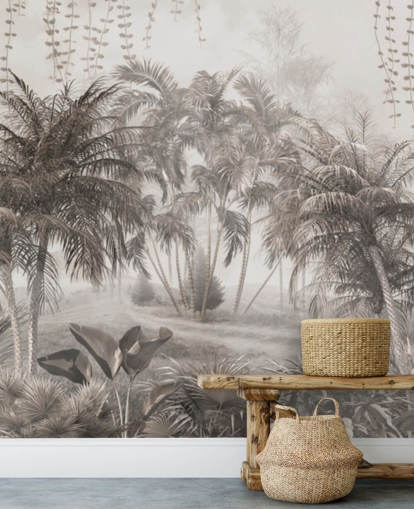 Papel pintado de paisaje selvático sepia con palmeras y arbustos tropicales