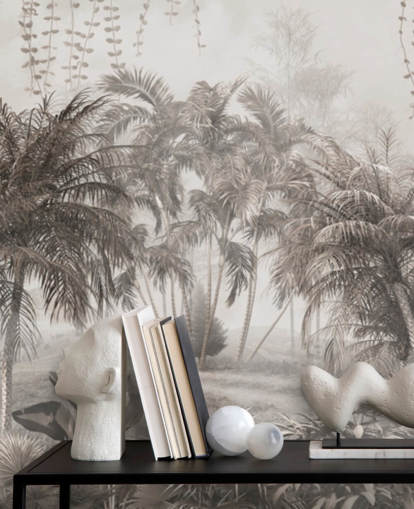 Gedempt, sepia-junglelandschap met tropische palmbomen en struikenbehang Gedempt, sepia-junglelandschap met tropische palmbomen en struikenbehang