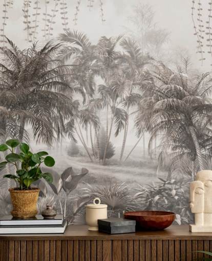 Papier peint feutré, paysage de jungle sépia avec palmiers et buissons tropicaux Papier peint feutré, paysage de jungle sépia avec palmiers et buissons tropicaux