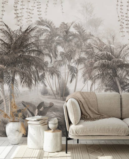 Silenzioso paesaggio della giungla color seppia con palme tropicali e cespugli, carta da parati Silenzioso paesaggio della giungla color seppia con palme tropicali e cespugli, carta da parati