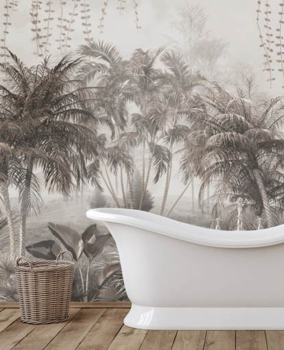 Papier peint feutré, paysage de jungle sépia avec palmiers et buissons tropicaux