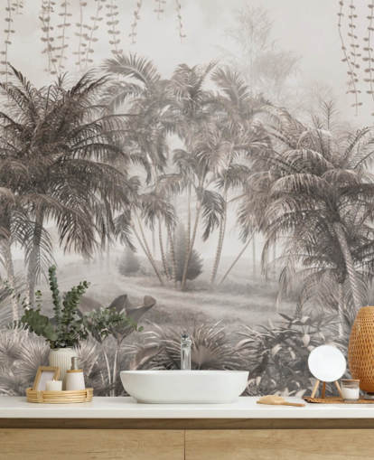 Muted, sepia jungle landscape with tropical palm trees and bushes wallpaper