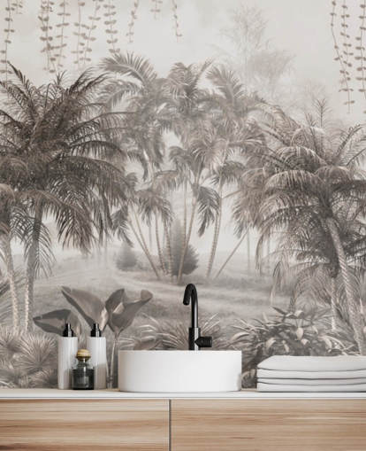 Papel pintado de paisaje selvático sepia con palmeras y arbustos tropicales