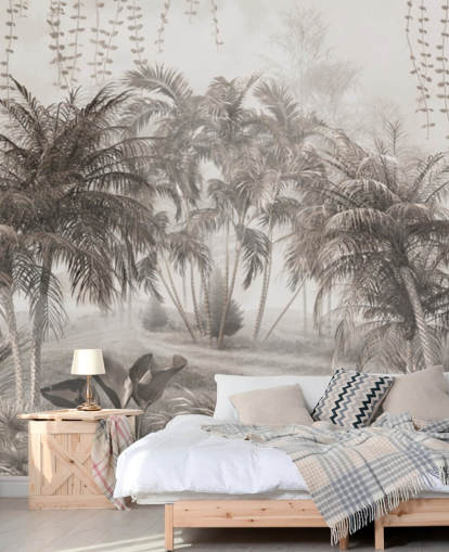 Papier peint feutré, paysage de jungle sépia avec palmiers et buissons tropicaux Papier peint feutré, paysage de jungle sépia avec palmiers et buissons tropicaux