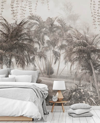 Papier peint feutré, paysage de jungle sépia avec palmiers et buissons tropicaux