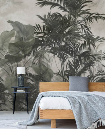 Donkergroen en zwart behang met junglebomen