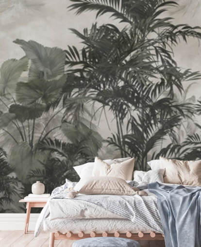 Papel pintado de árboles selváticos verde oscuro y negro