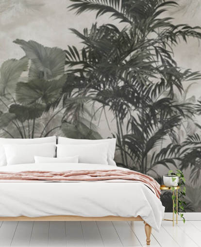 Donkergroen en zwart behang met junglebomen Donkergroen en zwart behang met junglebomen