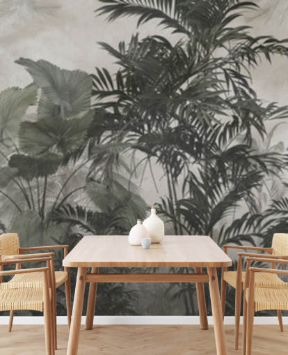 Carta da parati verde scuro e nero con alberi della giungla