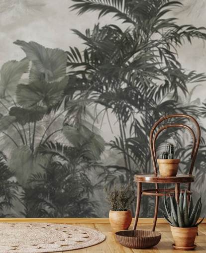 Papel pintado de árboles selváticos verde oscuro y negro