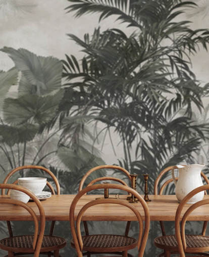 Donkergroen en zwart behang met junglebomen Donkergroen en zwart behang met junglebomen