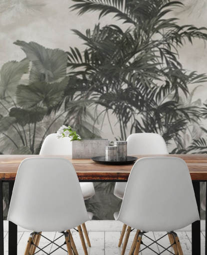 Papel pintado de árboles selváticos verde oscuro y negro