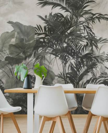 Papel pintado de árboles selváticos verde oscuro y negro