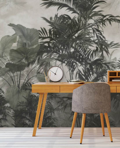 Papel pintado de árboles selváticos verde oscuro y negro