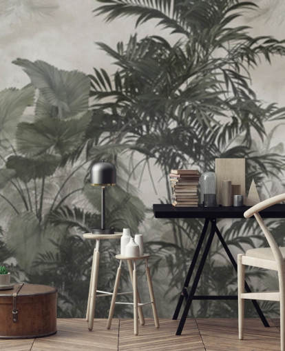 Papel pintado de árboles selváticos verde oscuro y negro